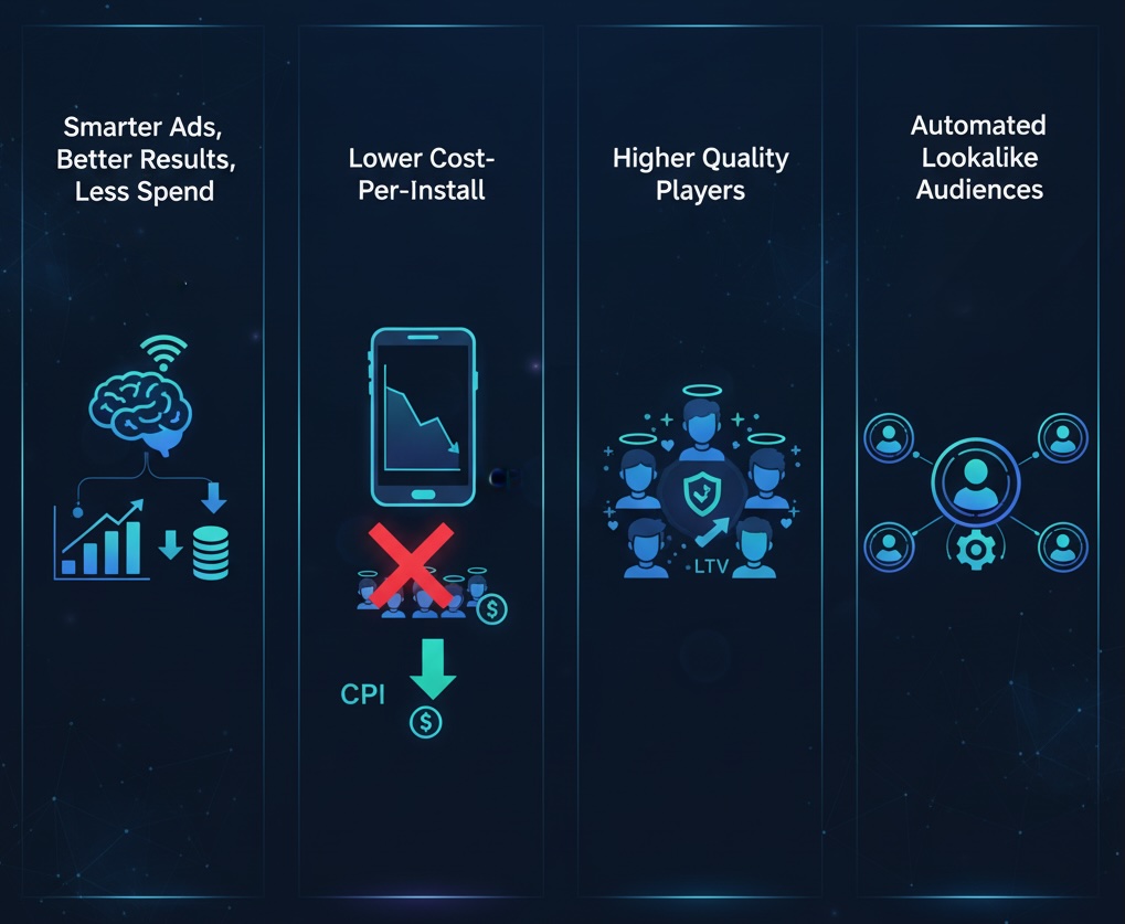 A dashboard showing ad performance metrics like Cost-Per-Install and ROI across different platforms